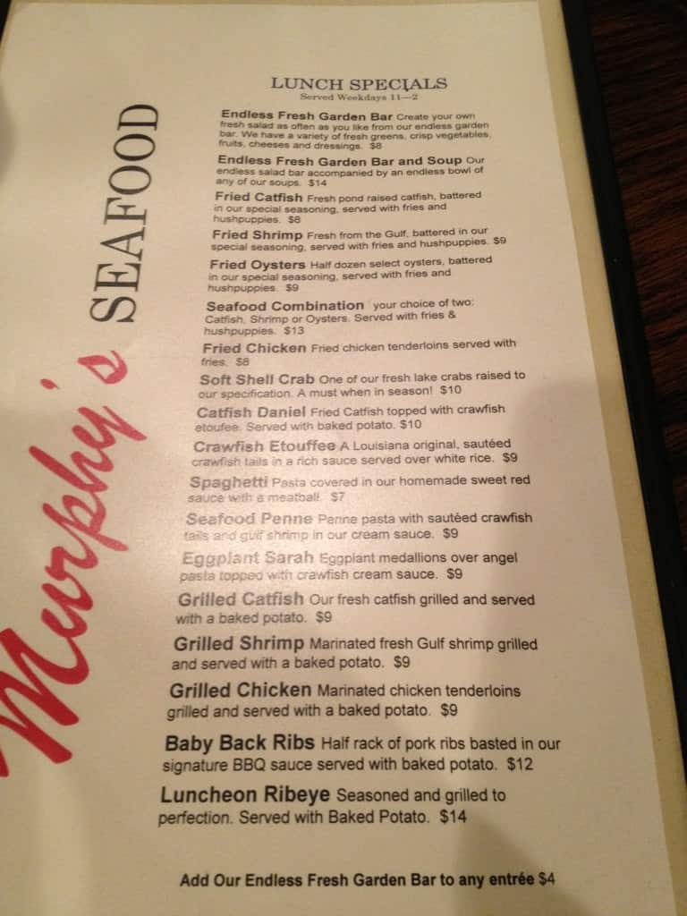 Menu At Murphy's Seafood Restaurant, Hammond