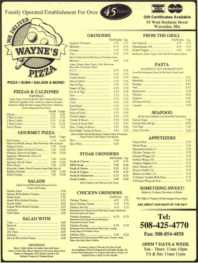Wayne's Pizza Menu, Menu for Wayne's Pizza, Worcester, Worcester