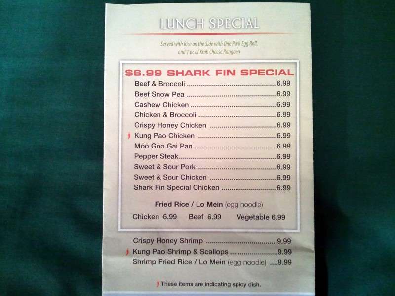 Menu at Shark Fin restaurant, Pensacola