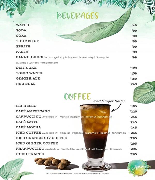 Aura Cafe & Infusion Bar menu