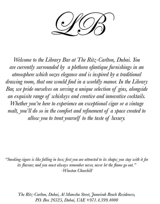 Menu of The Library Bar- The Ritz-Carlton Dubai JBR, Jumeirah Beach ...