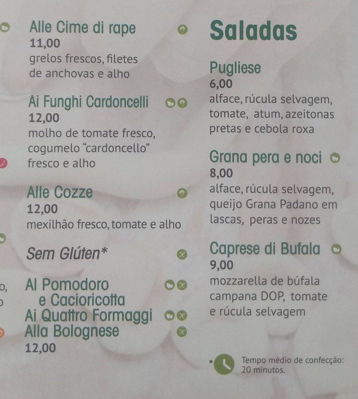 Menu at La Focacceria Pugliese restaurant, Lisbon, Calçada da Estrela 223