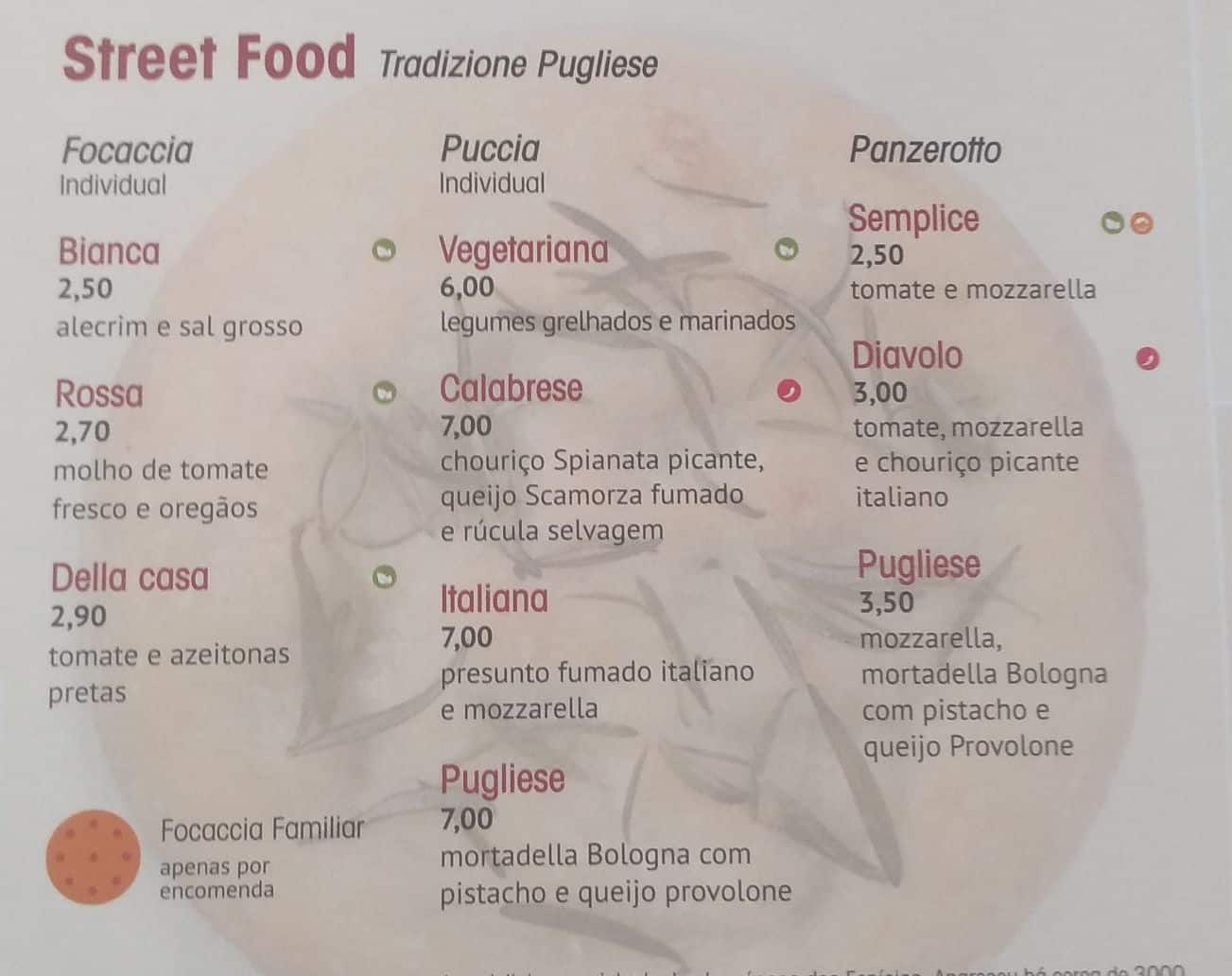 Menu at La Focacceria Pugliese pizzeria, Lisbon, R. Coelho da Rocha