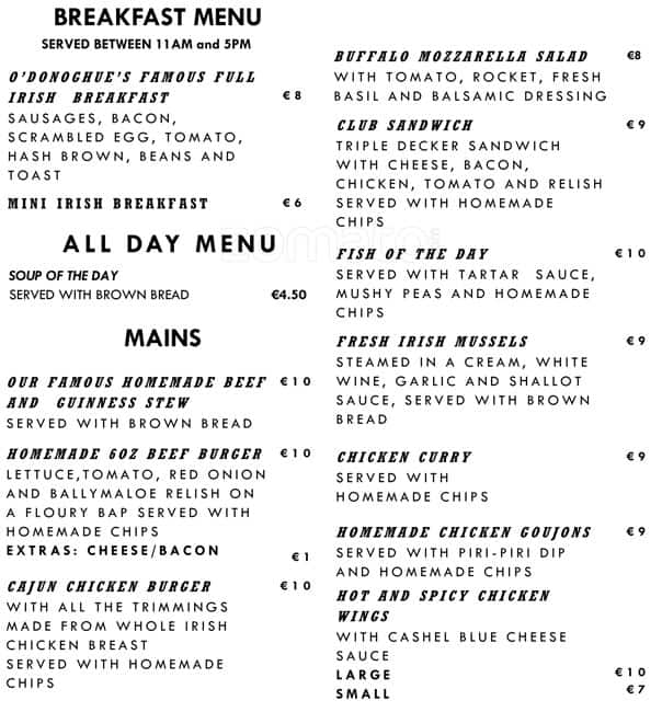 O'Donoghue's Menu, Menu for O'Donoghue's, South City West, Dublin