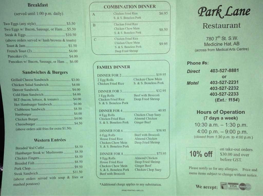 Menu at Park Lane Restaurant, Medicine Hat