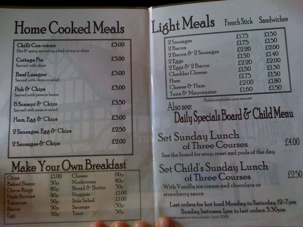 The Wheatsheaf menu