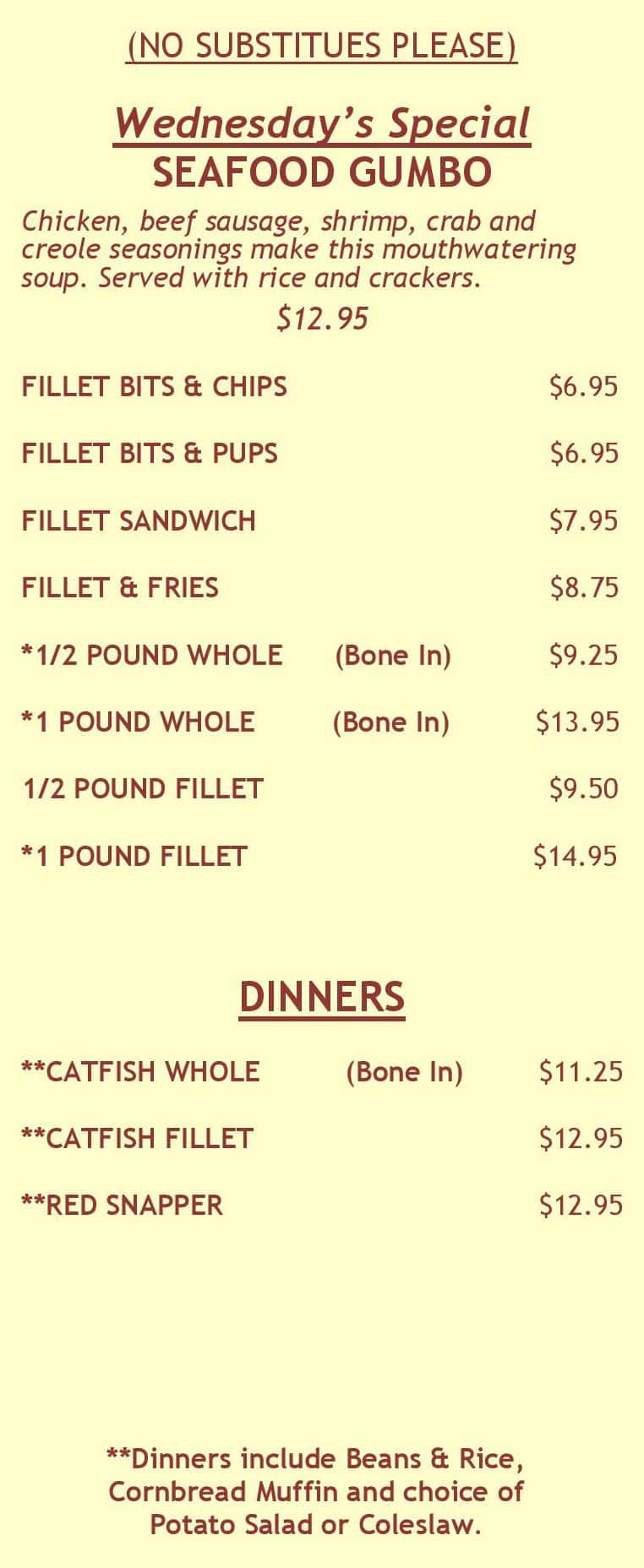 Menu at Jackson’s Catfish Corner restaurant, Seattle