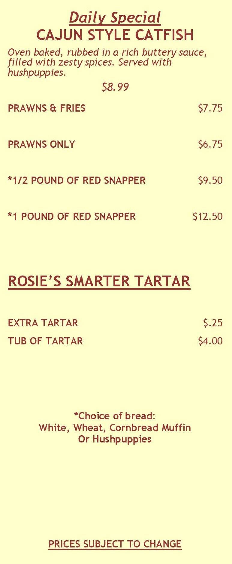 Menu at Jackson’s Catfish Corner restaurant, Seattle