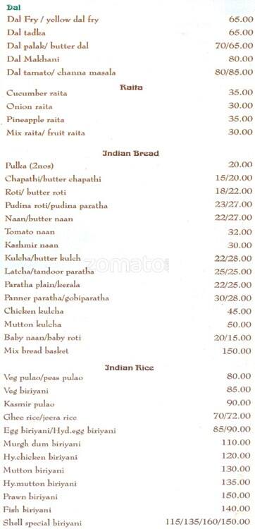 Shell Restaurant menu