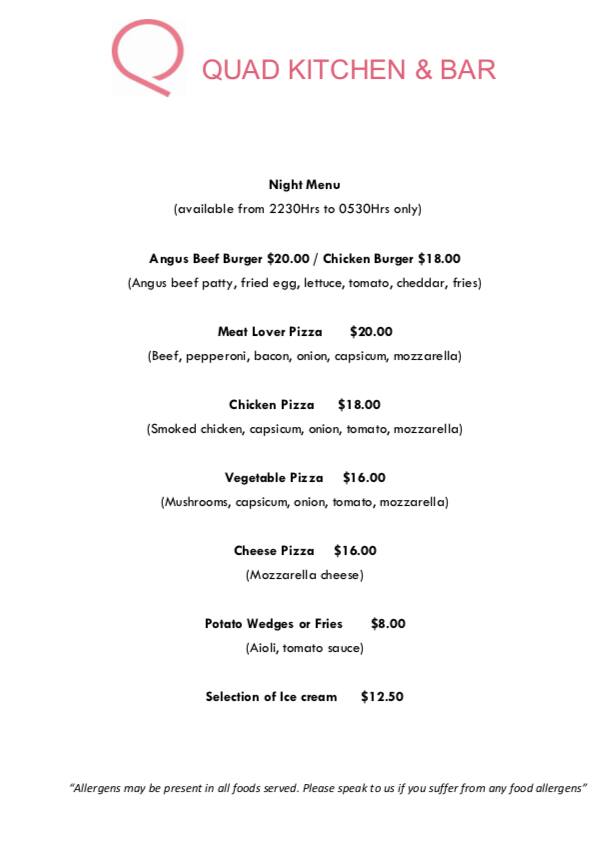 Menu at The Quad Kitchen & Bar, Auckland