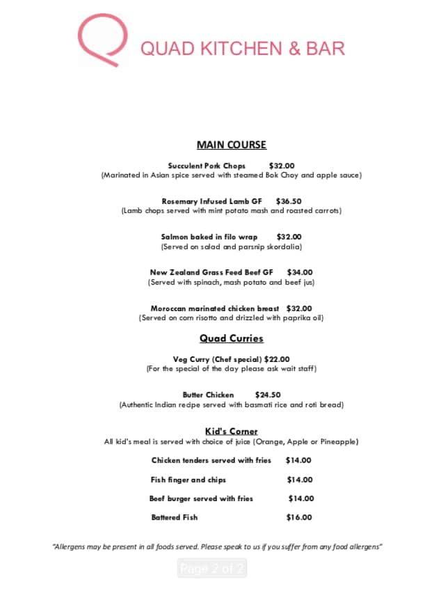 Menu at The Quad Kitchen & Bar, Auckland