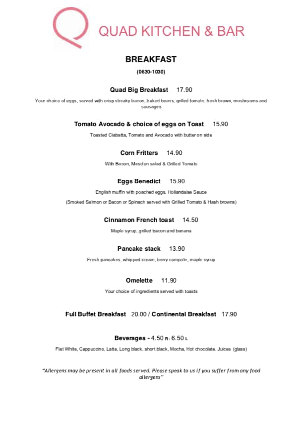 Menu at The Quad Kitchen & Bar, Auckland