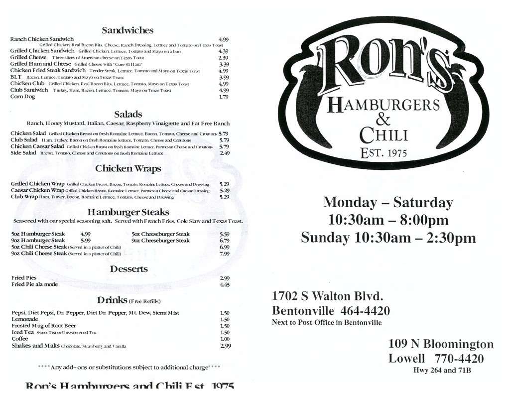 Ron's Hamburgers & Chili Menu Urbanspoon/Zomato