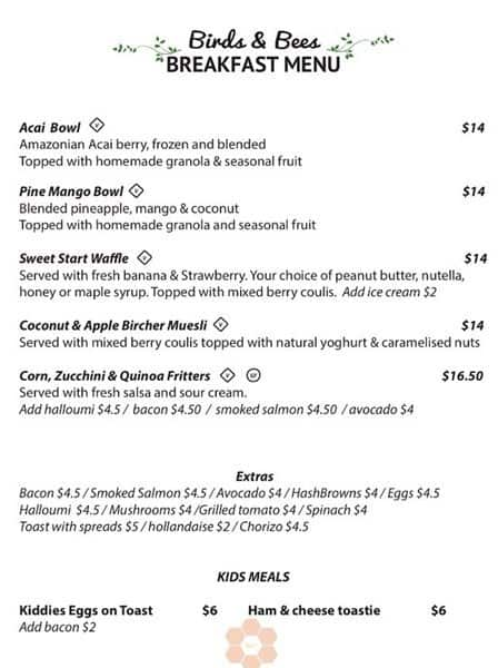 Menu at Birds & Bees Café / Bar, Everton Hills