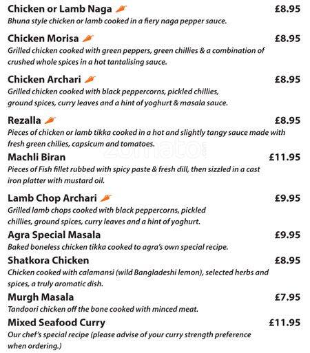 Menu at Agra Beckenham restaurant, Beckenham, 406 Upper Elmers End Rd