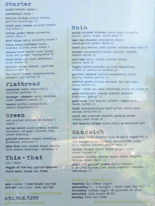 Talley's Kitchen + Bar Menu Urbanspoon/Zomato