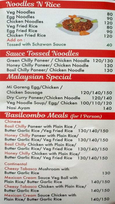 Menu of Basil Cafe Vidyaratna Nagar Manipal