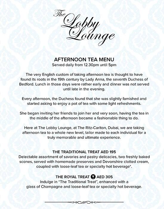 The Lobby Lounge The Ritz Carlton Dubai Jbr Menu