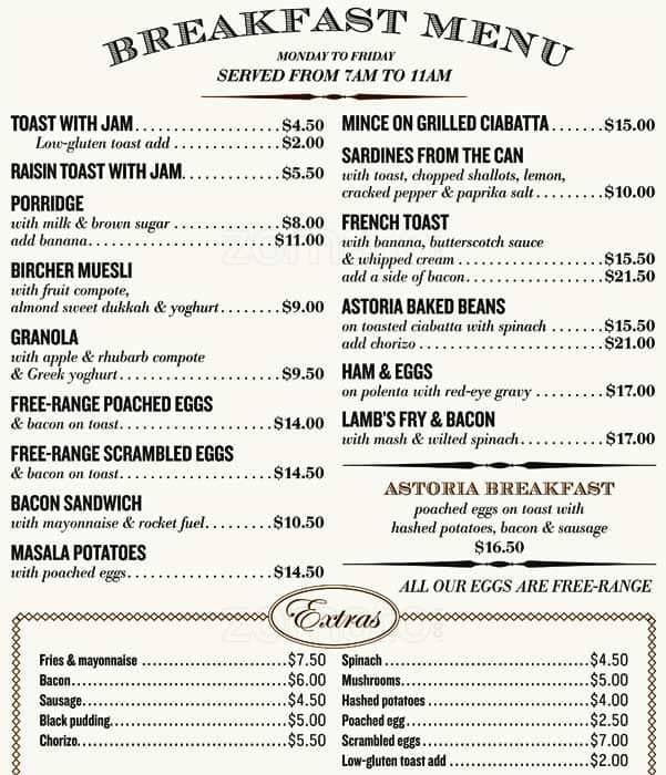 Astoria Menu, Menu untuk Astoria, Wellington Central, Wellington City