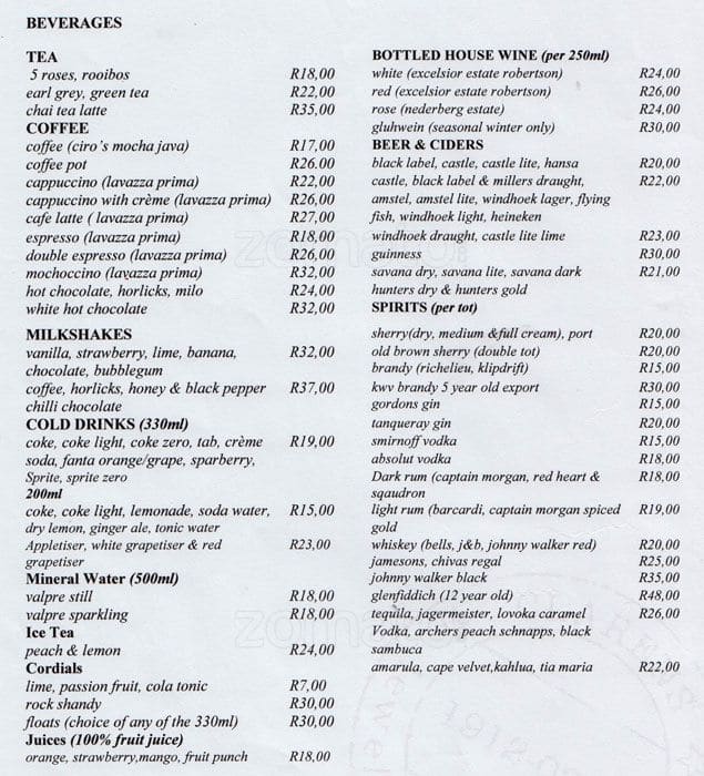 Menu at Post House Restaurant Clarens, Clarens