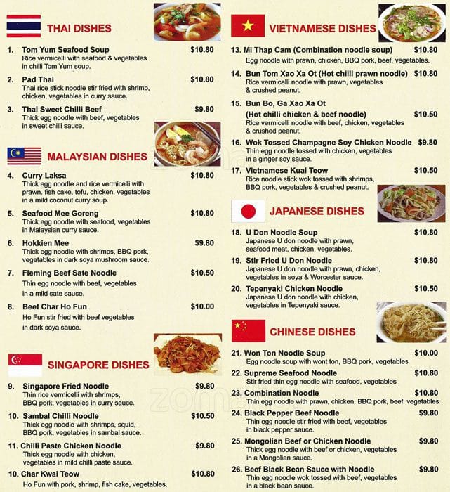 Menu at Noodle Land fast food, Mornington, 166 Main St