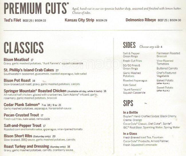Menu at Ted's Montana Grill steakhouse, Naperville