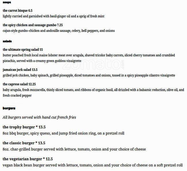 Menu at Trophy Room pub & bar, Boston