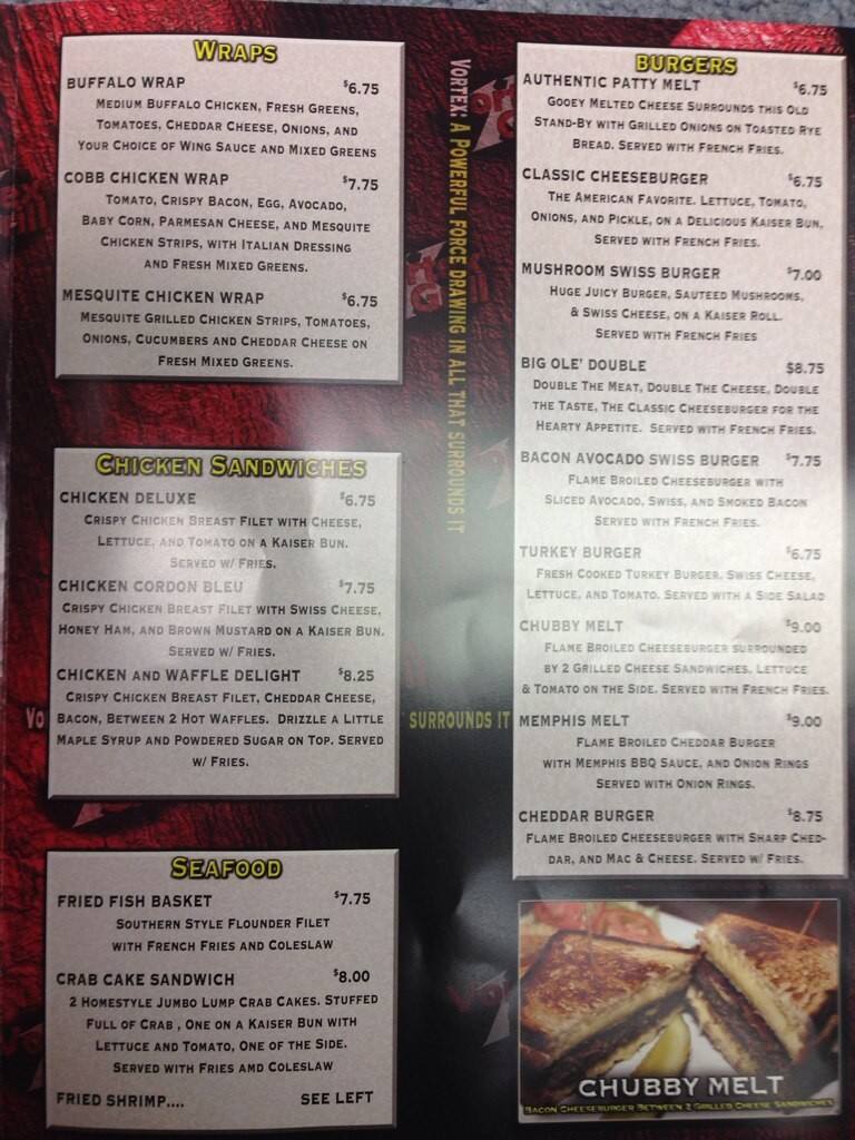 Menu at Vortex Grill restaurant, Fort Belvoir