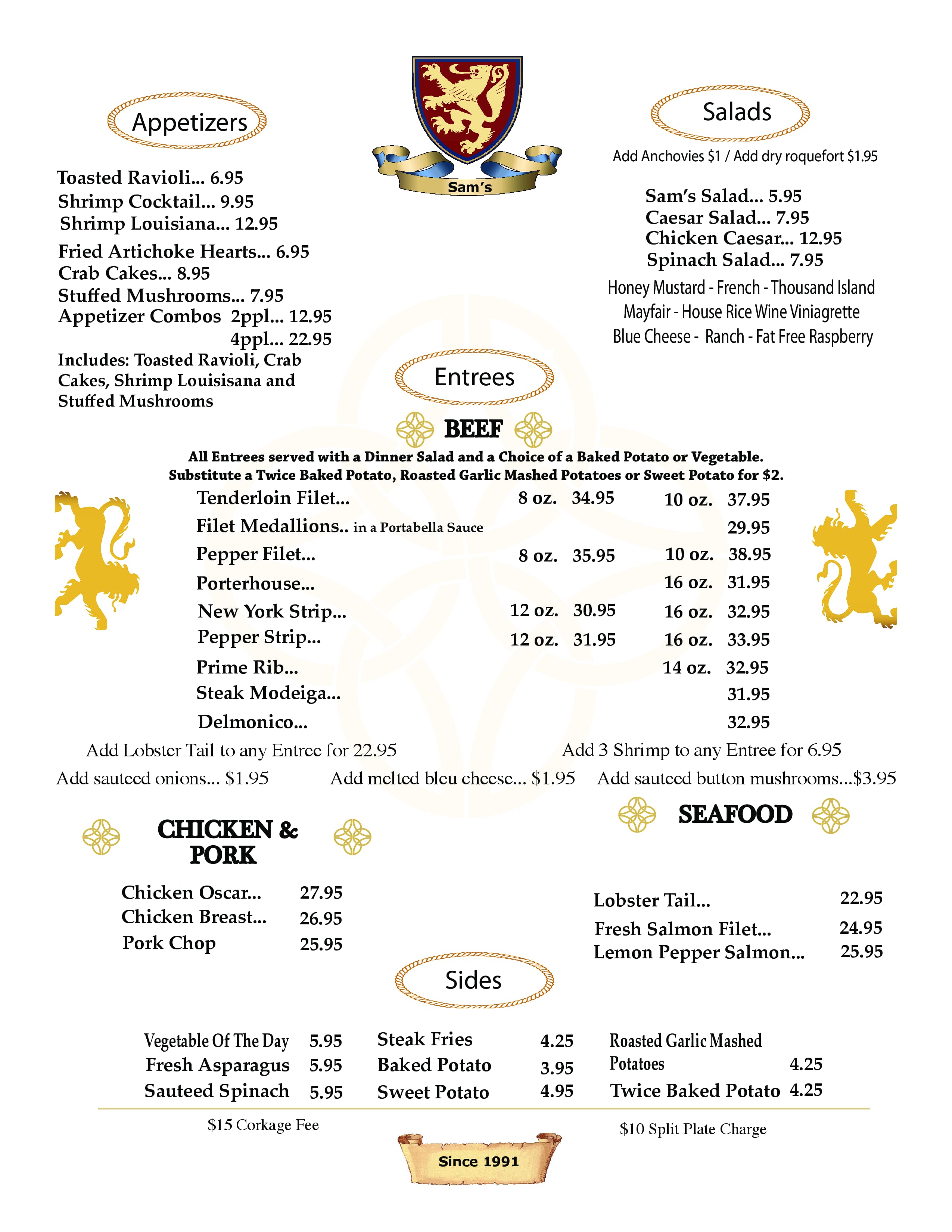 Menu at Sam's Steakhouse, Affton, Gravois Rd