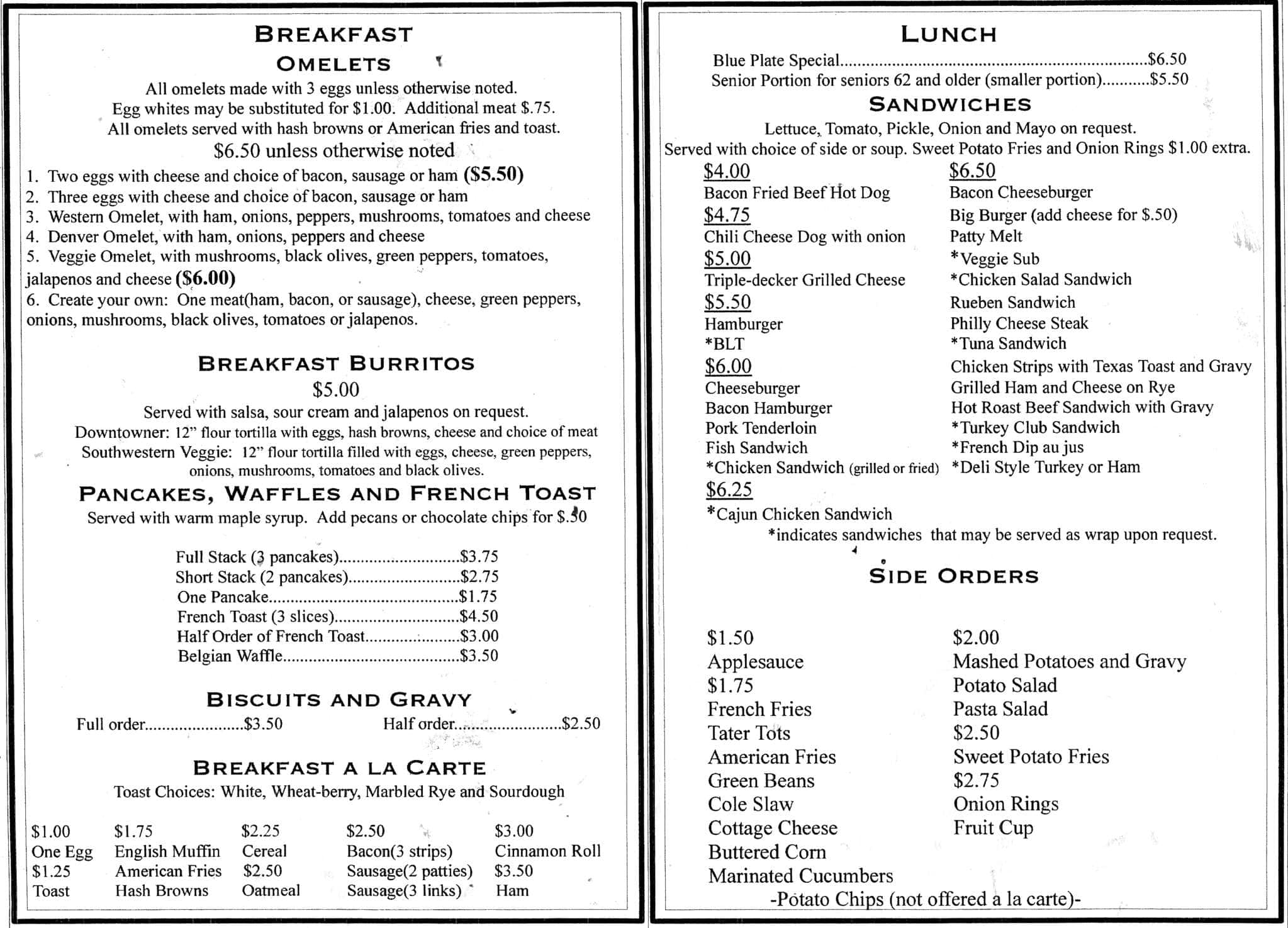 Menu at Downtown Diner restaurant, Jefferson City