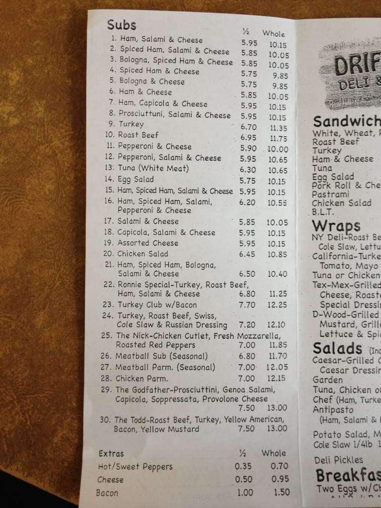 Menu at Driftwood Deli & Sub Shop restaurant, Toms River