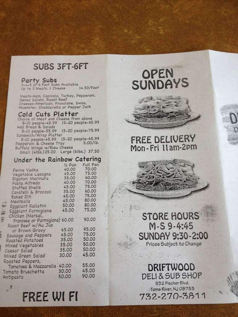 Menu at Driftwood Deli & Sub Shop restaurant, Toms River