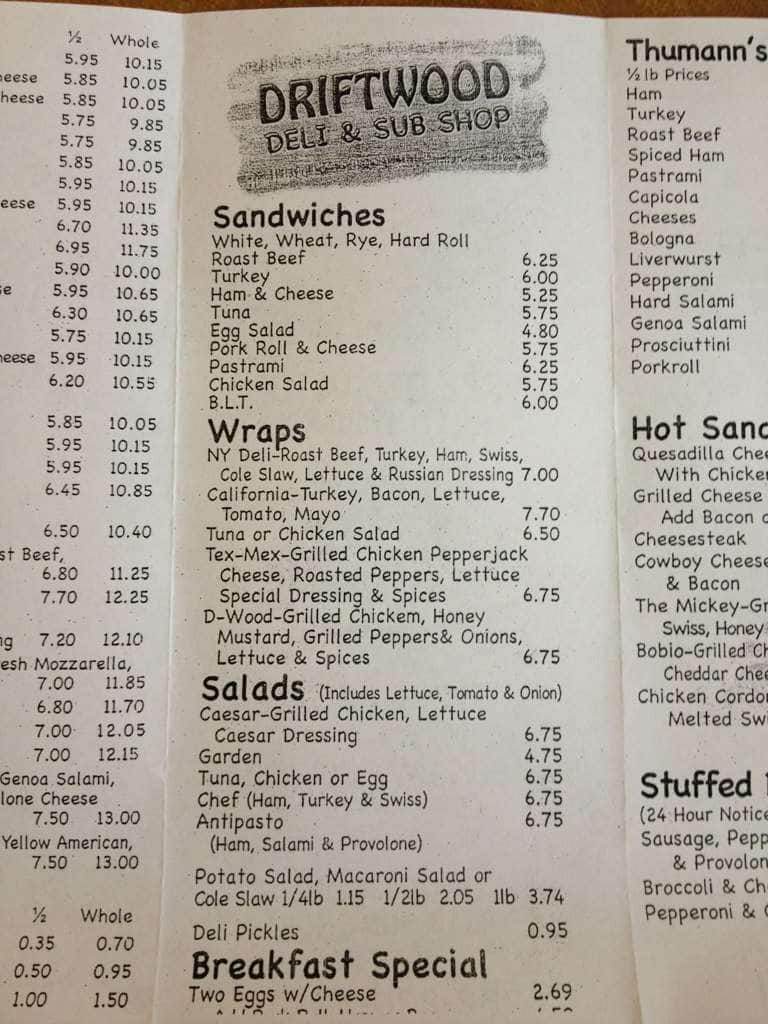 Menu at Driftwood Deli & Sub Shop restaurant, Toms River