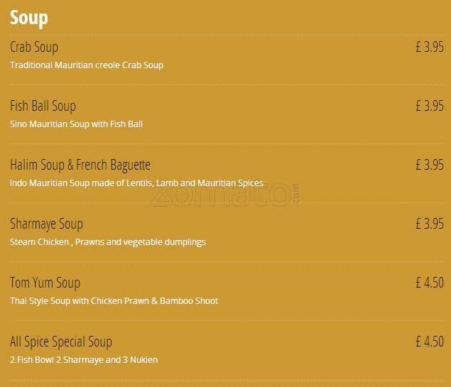 All Spice menu