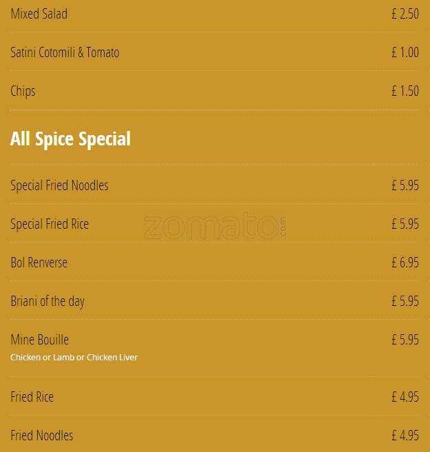All Spice menu