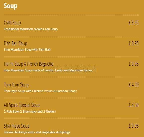 All Spice menu