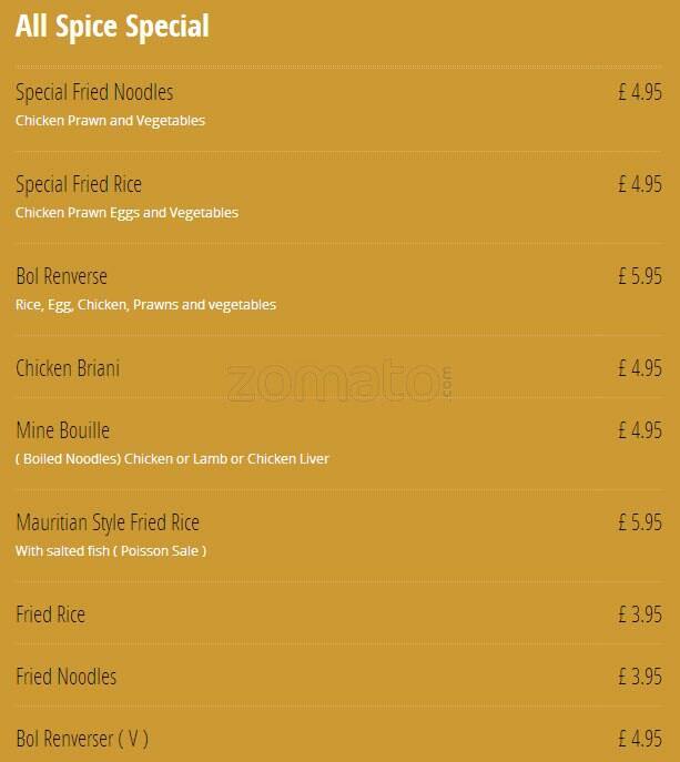 All Spice menu