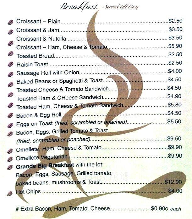 Menu at Grande Coffee House, Liverpool
