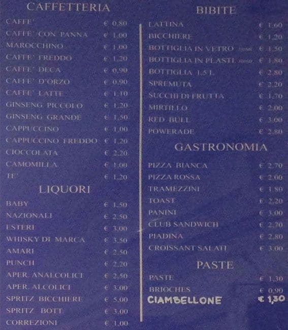 Menu di L'isola che non c'è 
