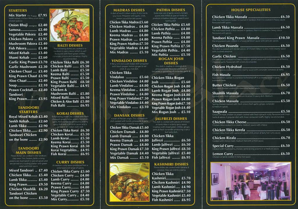 Menu at Darton Balti restaurant, Barnsley, 74 Church St