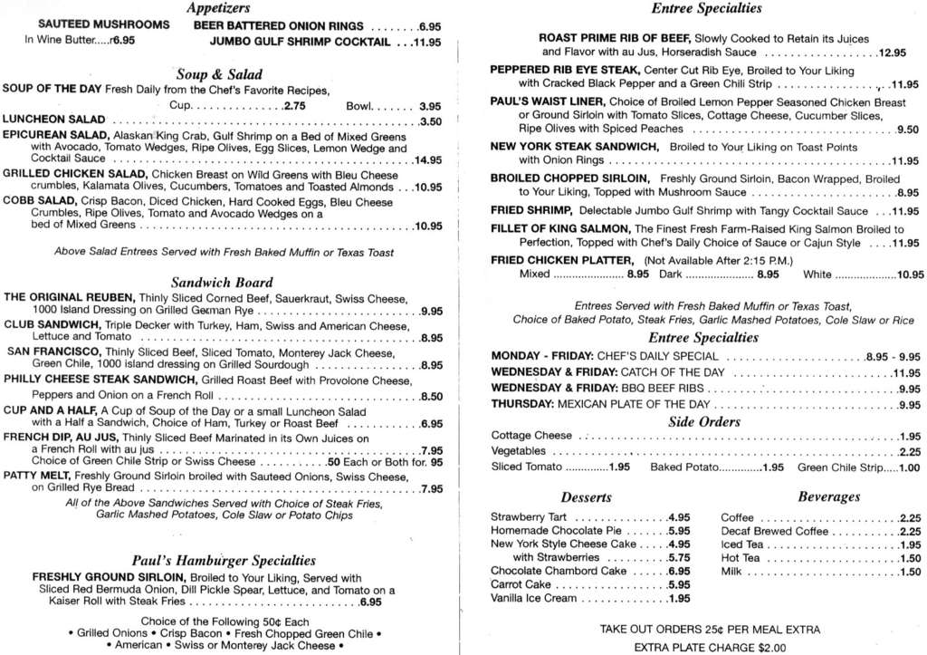 Paul's Monterey Inn Menu, Menu for Paul's Monterey Inn, East Side