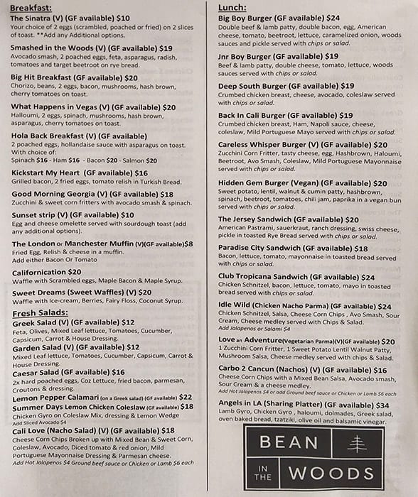 Menu at Bean In The Woods cafe, Ringwood