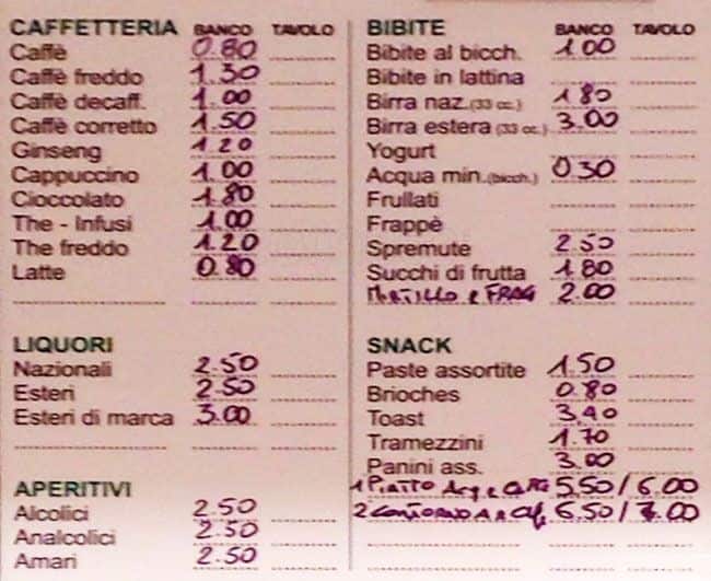 Menu di Bar La Mucchetta 