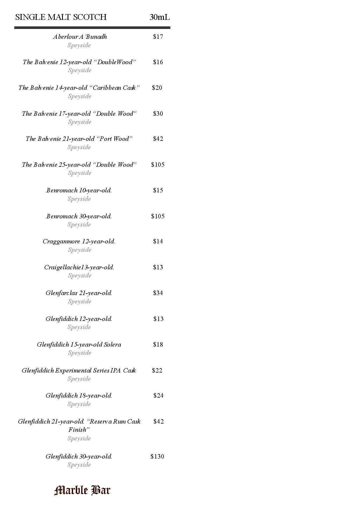 Menu at Marble Bar, Sydney