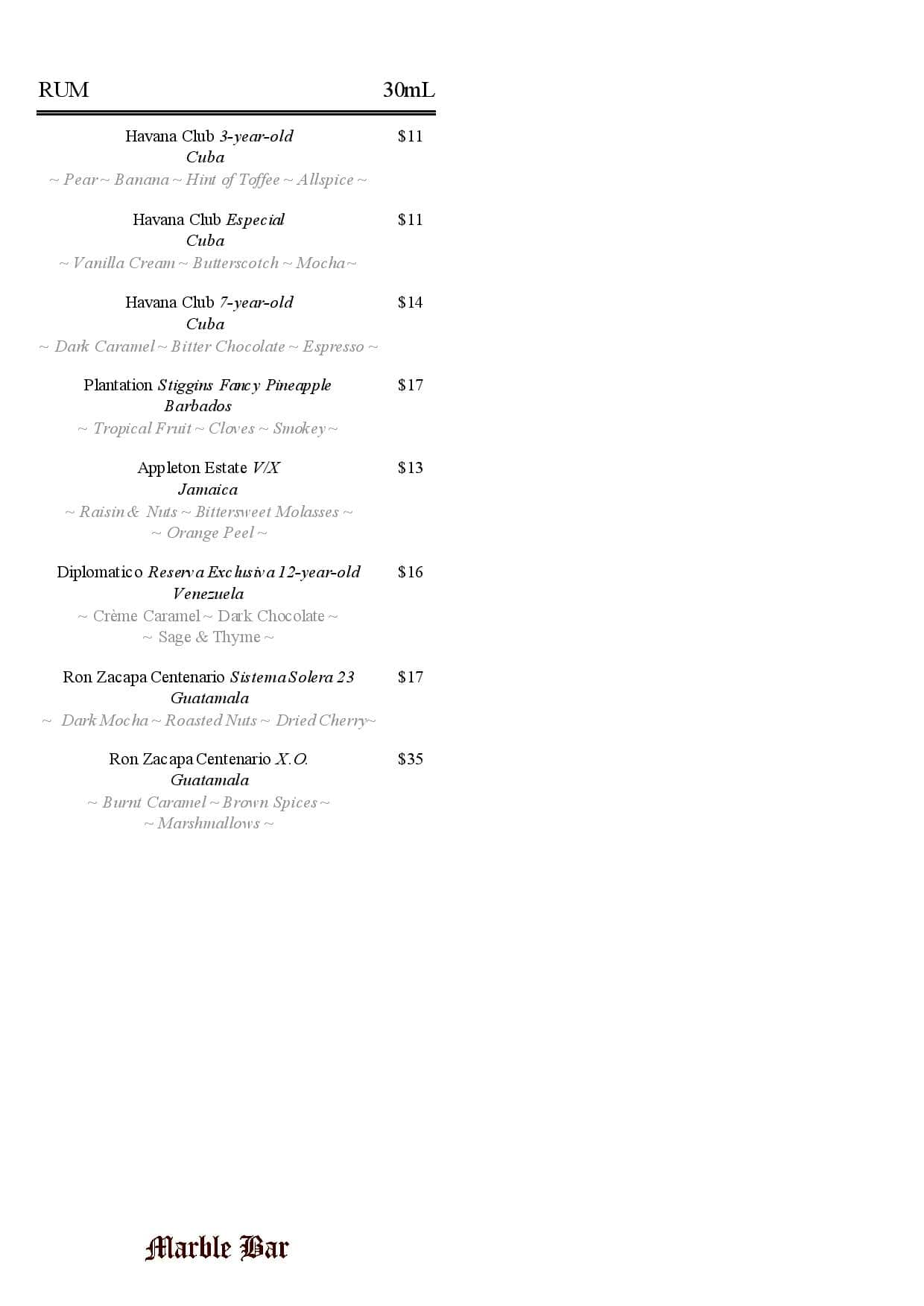 Menu at Marble Bar, Sydney