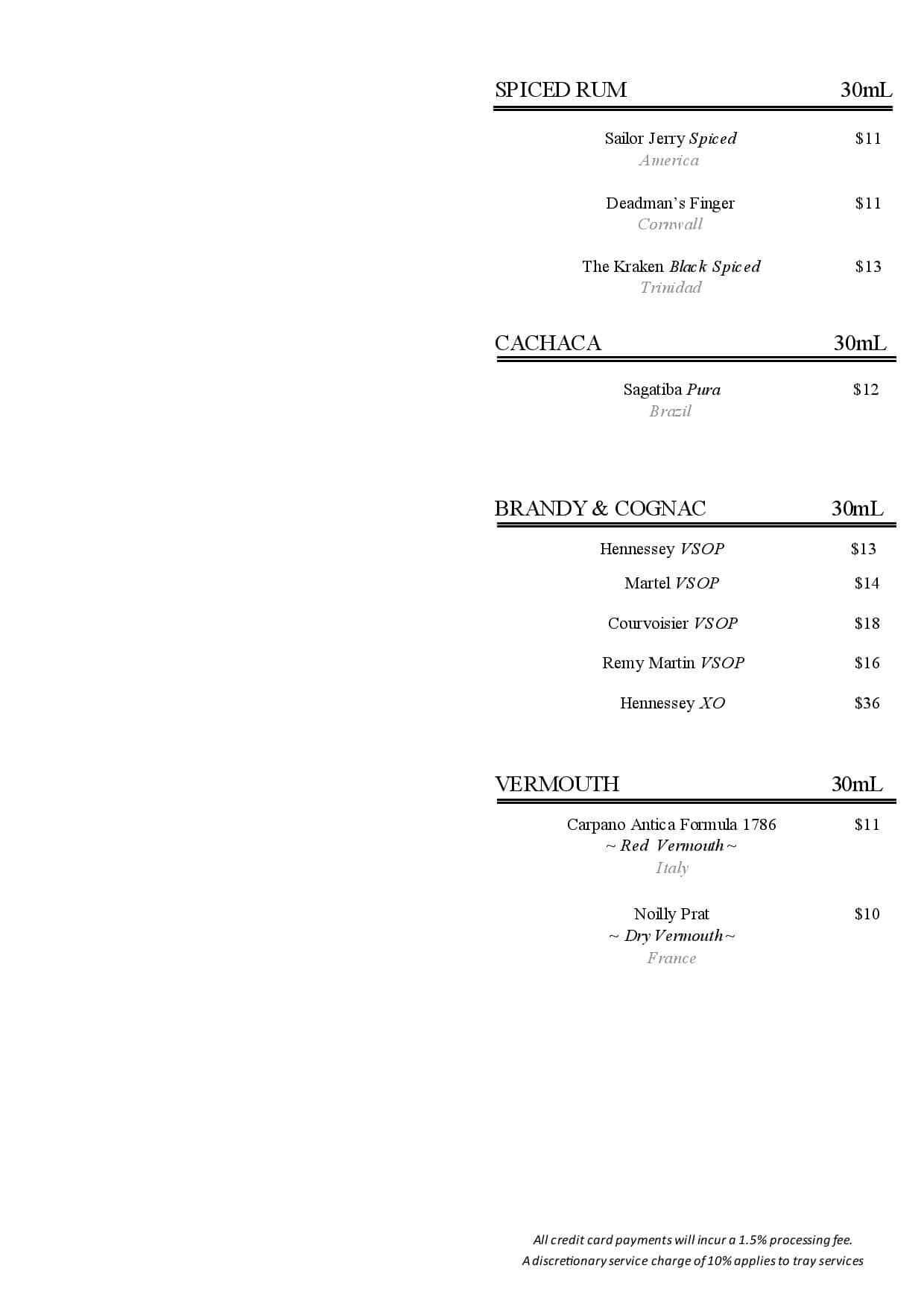 Menu at Marble Bar, Sydney