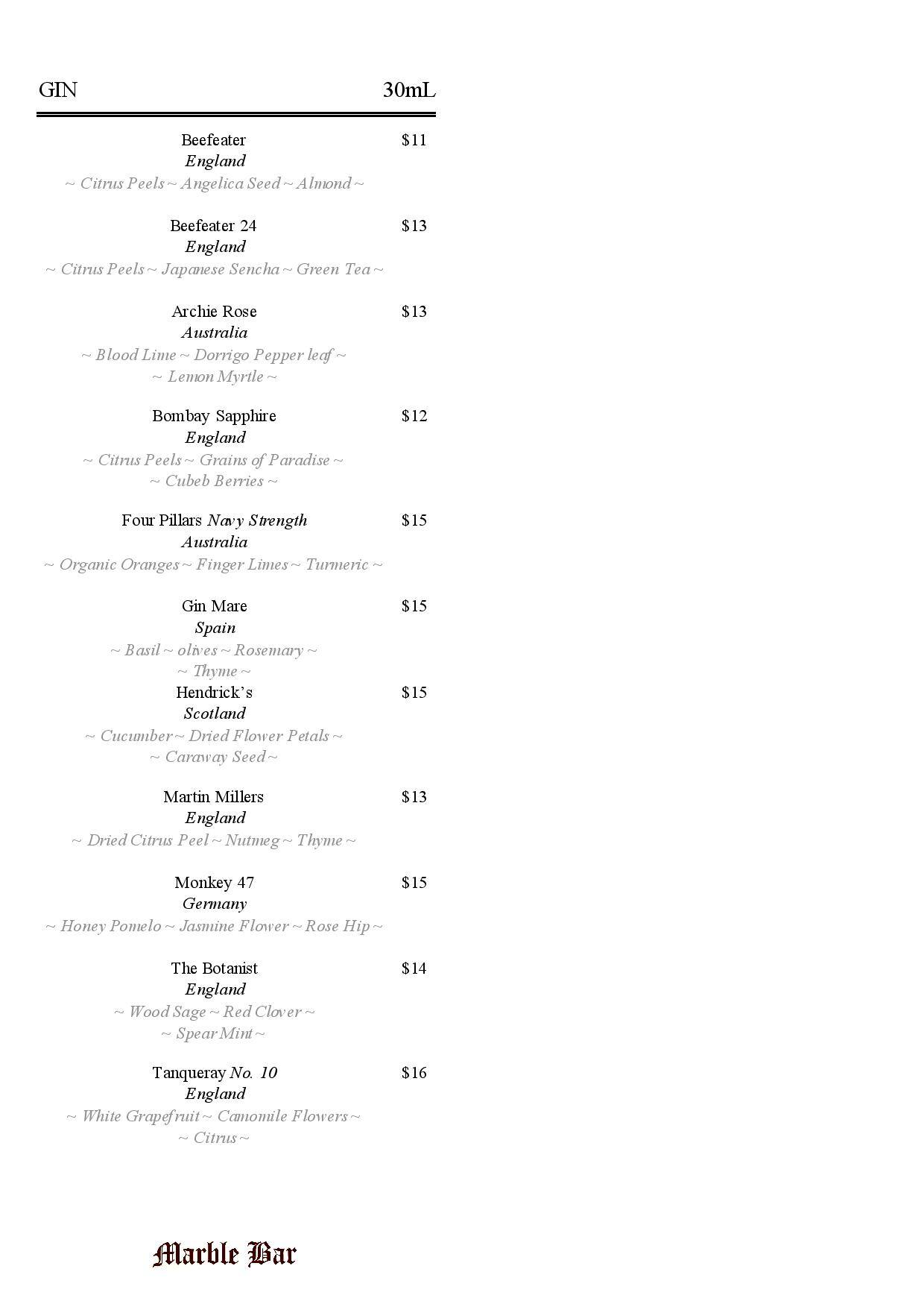 Menu at Marble Bar, Sydney