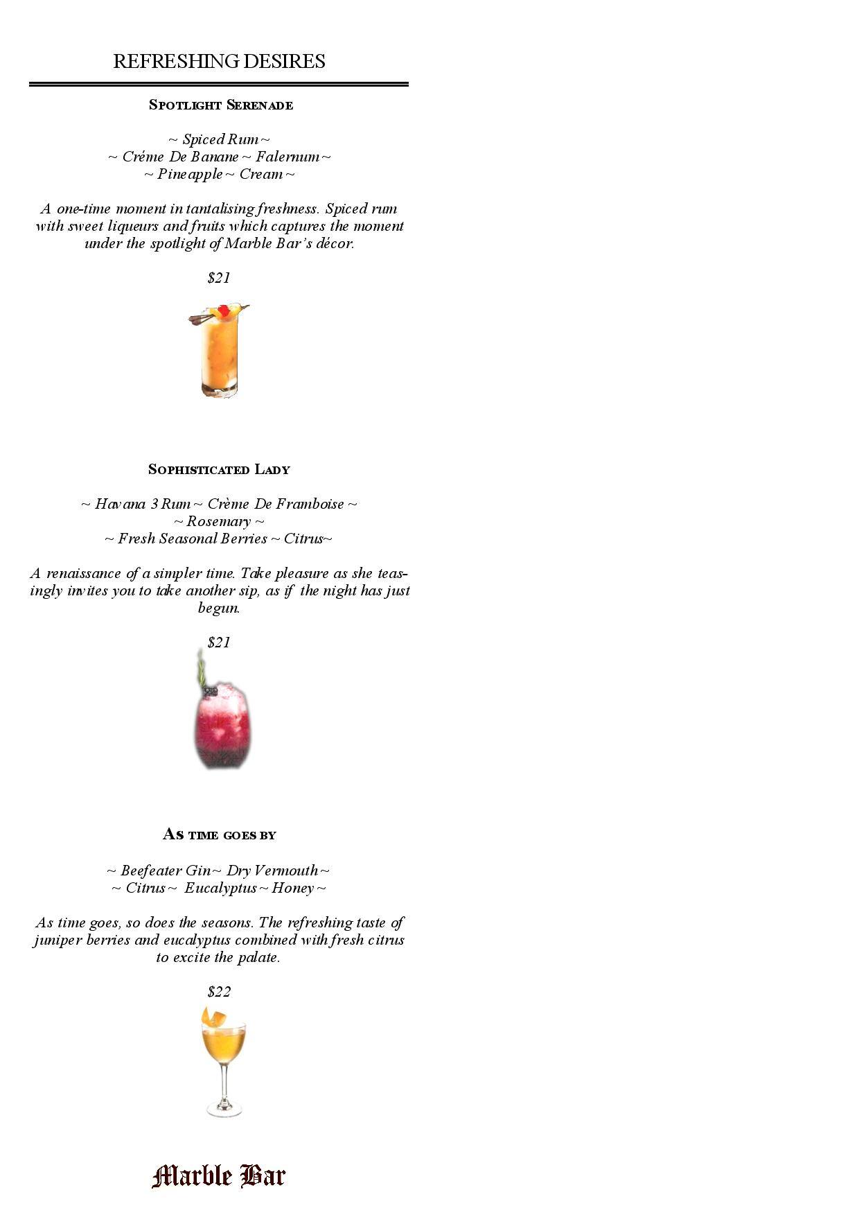 Menu at Marble Bar, Sydney