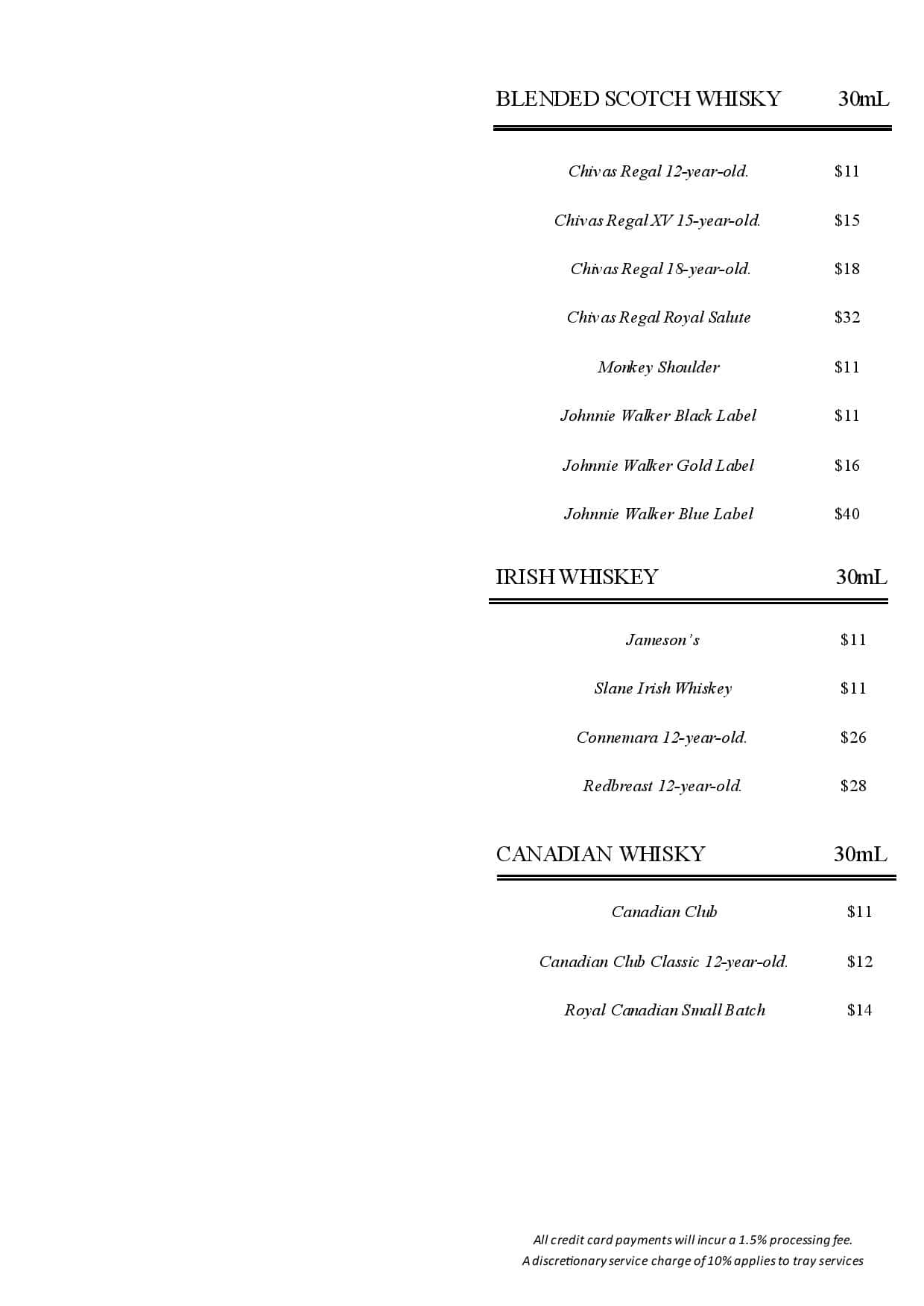 Menu at Marble Bar, Sydney