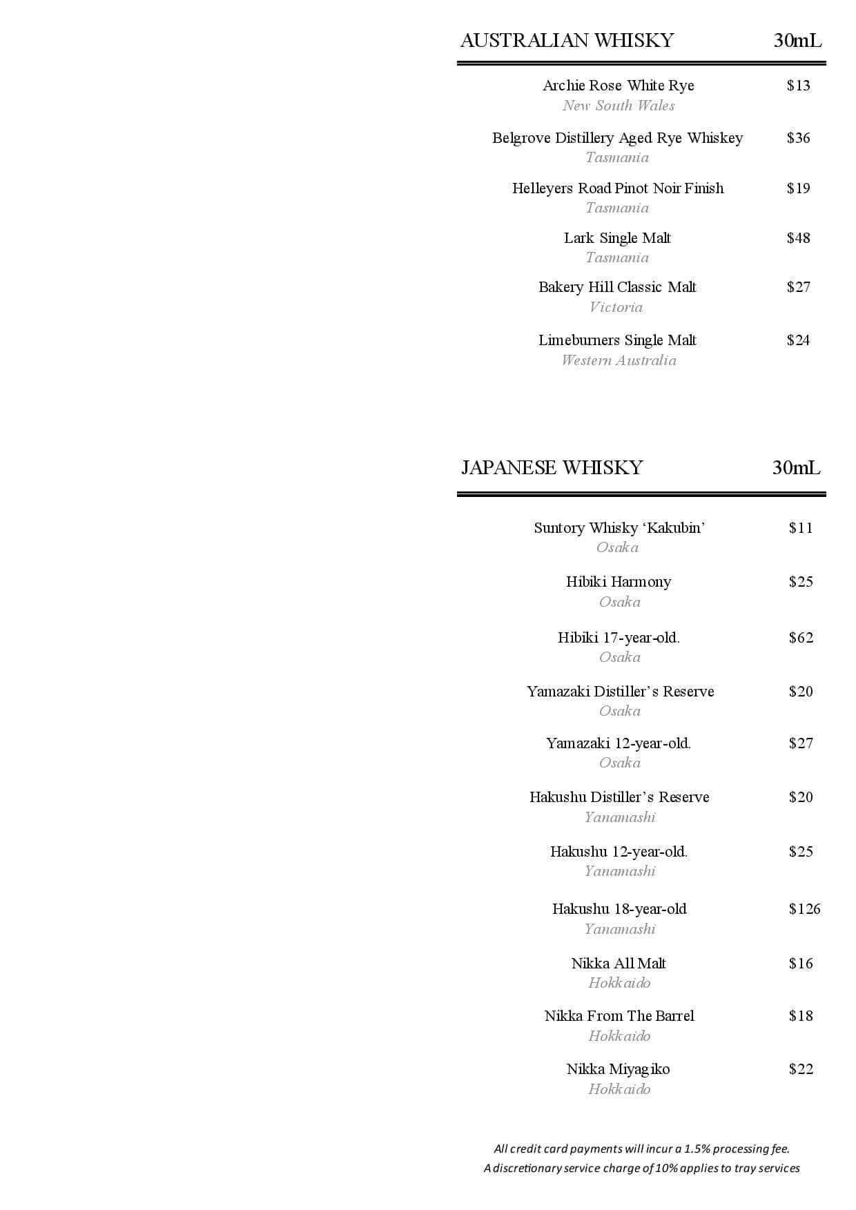 Menu at Marble Bar, Sydney